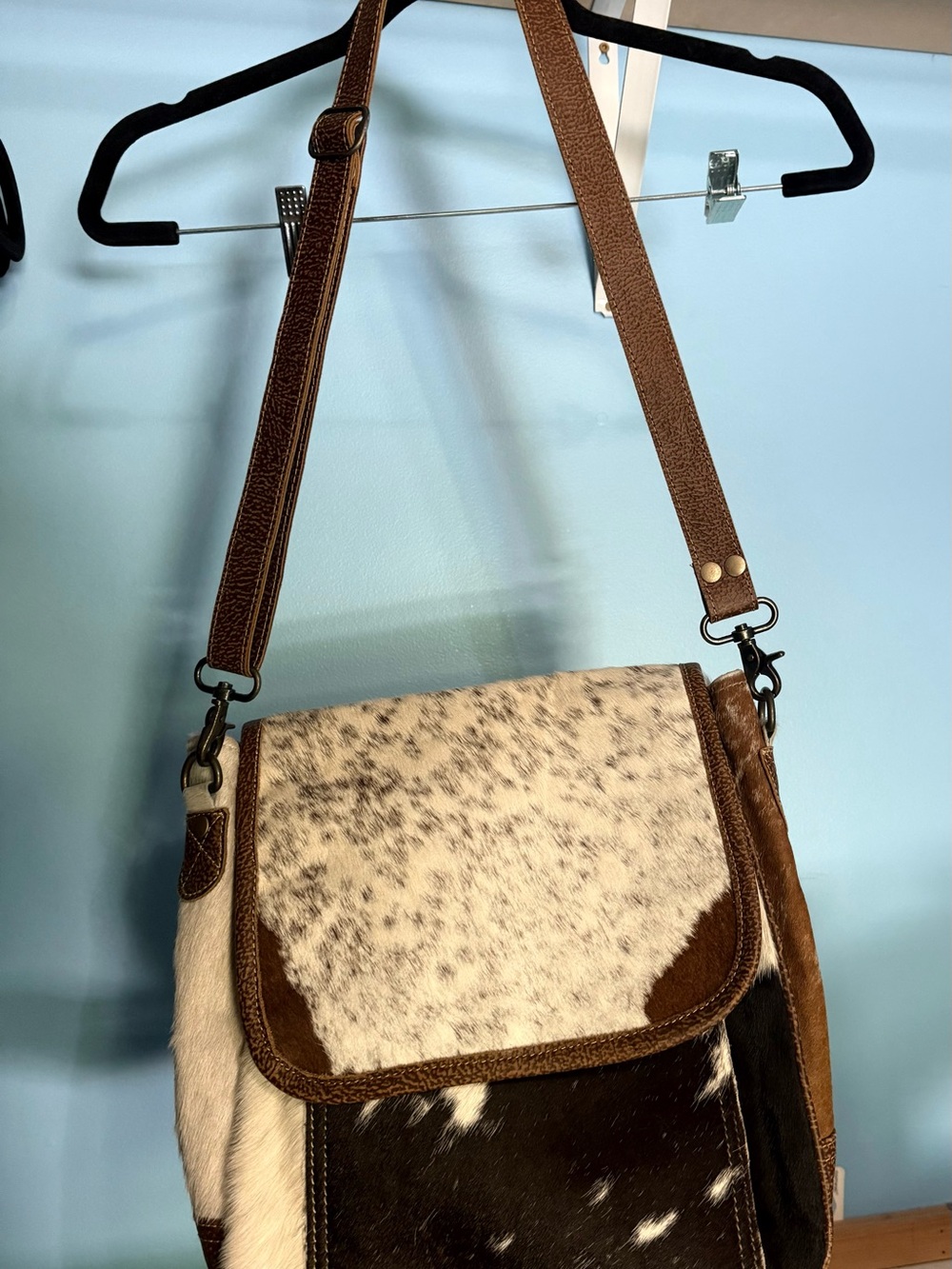 Leather and cowhide Crossbody Bag in Brown and White